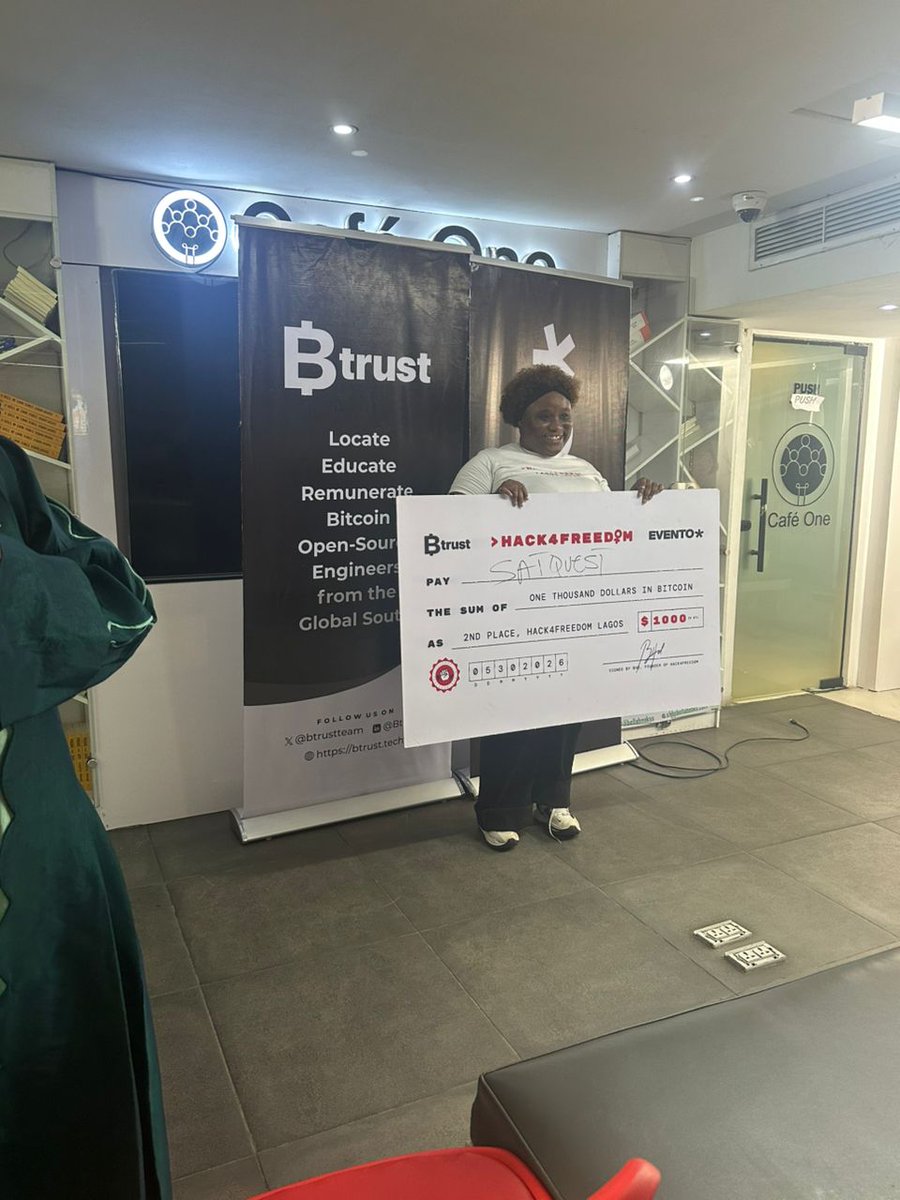 StephDevHQ's tweet photo. I got 2nd place at Hack4Freedom. 🎉

Built SatQuest ⚡
learn • play • earn sats

Huge thanks to the organizers. 🙏
@evento_so @briimhd @ibrahim_sekinah 

and sponsors for supporting builders.⚡
@Breez_Tech @btrustteam

still early, still building. 🚀

https://t.co/npvamCin60 https://t.co/EOdcNPbosH