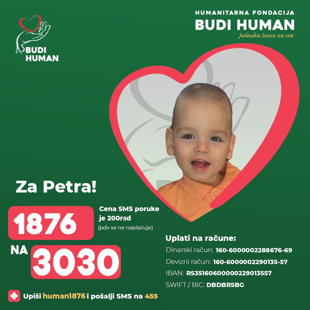 budihuman's tweet photo. Pomozimo Petru!

Upišimo 1876 i pošaljimo SMS na 3030

https://t.co/qVvlnpIa60

#budihuman #jednakašansazasve #zaprati #petarškorić https://t.co/5c7jTonH1d