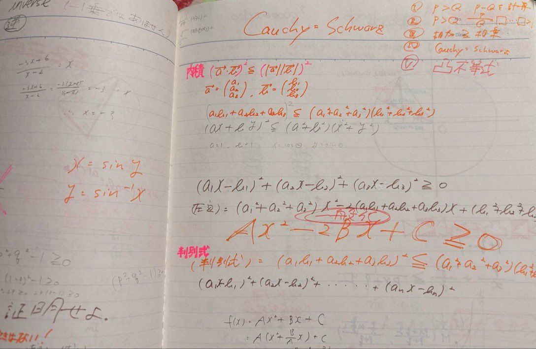 tooooottttteeee's tweet photo. 【数学における感動】note十分伝わりました！そう私は思っています。高校時代の数学の先生が授業中おっしゃったことで��でも覚えていることがあります。それはその先生のお知り合いの方が数学の道を志した理由が、コーシーシュワルツの不等式の一般化証明において判別式を使えるところに感動したという話です。私も正直感動しました！こんなところで判別式が使えるなんて✨