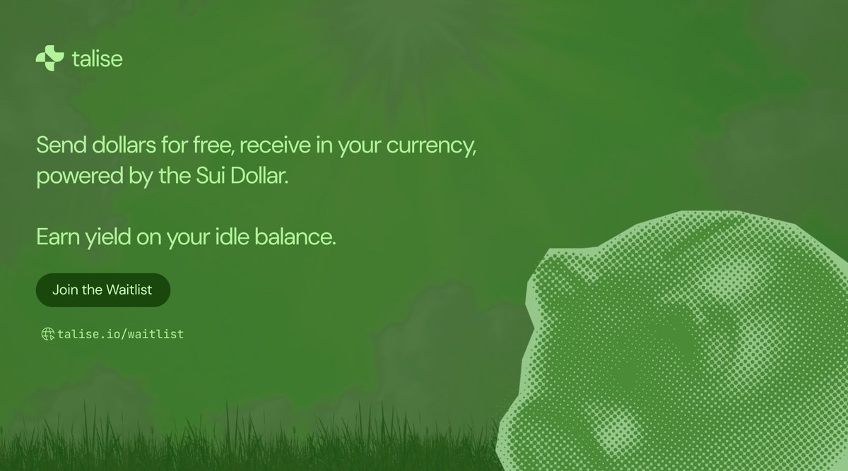 taliseio's tweet photo. On @SuiNetwork, money moves freely like messages, that's why we're building on it.

Send dollars to a handle, powered by @SuiNSdapp, they receive in their own currency, in seconds. No gas token. No seed phrase, use just zkLogin.

Powered by the Sui Dollar. Earn yield on idle balance.

Private beta coming. Claim your handle:

https://t.co/YCY3OVAdcK