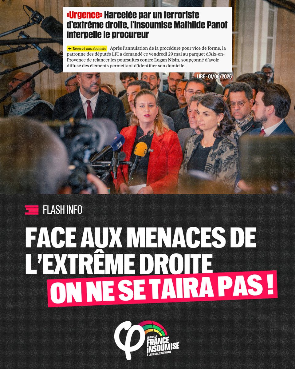 FiAssemblee's tweet photo. 🔴⚡️ URGENT | Mathilde Panot interpelle le procureur contre le terroriste d'extrême droite Logan Nisin !

Face aux violences et aux menaces de l'extrême droite, on ne se taira pas.

➡️ Article à retrouver dans @Libe : https://t.co/tngWXZdzXa https://t.co/JmQqqbrRPc