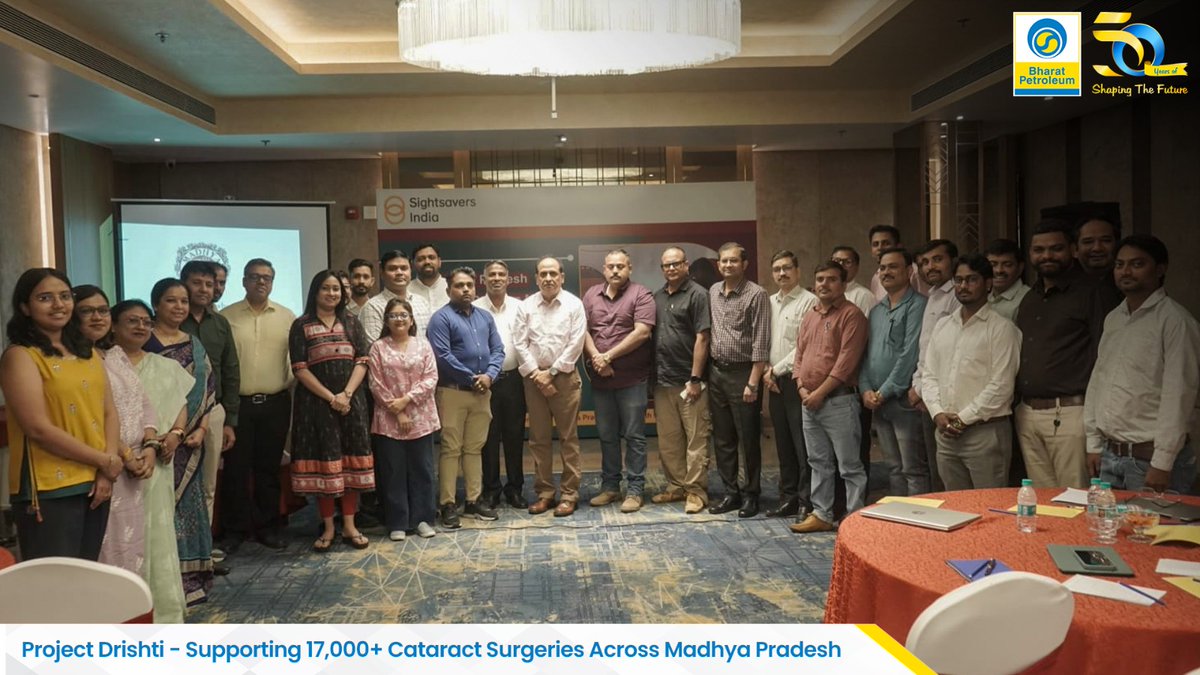 BPCLimited's tweet photo. BPCL continues to advance its commitment to accessible healthcare through Project Drishti, an initiative aimed at supporting over 17,000 cataract surgeries across 22 districts of Madhya Pradesh.

The project was formally launched in Bhopal on 28th May in the presence of Mr. Prabhakar Tiwari, Senior Joint Director, National Health Mission (NHM), Department of Health & Family Welfare, Government of Madhya Pradesh, Mr. Shirish Chandekar, CGM (HR), BPCL, Mr. Rohit Yadav, DGM (HR), BPCL, and Mr. R. N. Mohanty, CEO, Sightsavers India.

Implemented in collaboration with Sightsavers India and partner hospitals—Jeevan Jyoti Health Services (Jhabua), Sadguru Netra Chikitsalaya (Vidisha), Choithram Netralaya (Chitrakoot), and Sadguru Netra Chikitsalaya (Indore)—the initiative aims to restore vision, enhance quality of life, and improve access to eye care for underserved communities across the state.

Through Project Drishti, BPCL reaffirms its commitment to creating a meaningful and lasting social impact through healthcare interventions.

#BPCL #ProjectDrishti #CSR #HealthcareForAll #VisionCare

@HardeepSPuri @PetroleumMin @Secretary_MoPNG