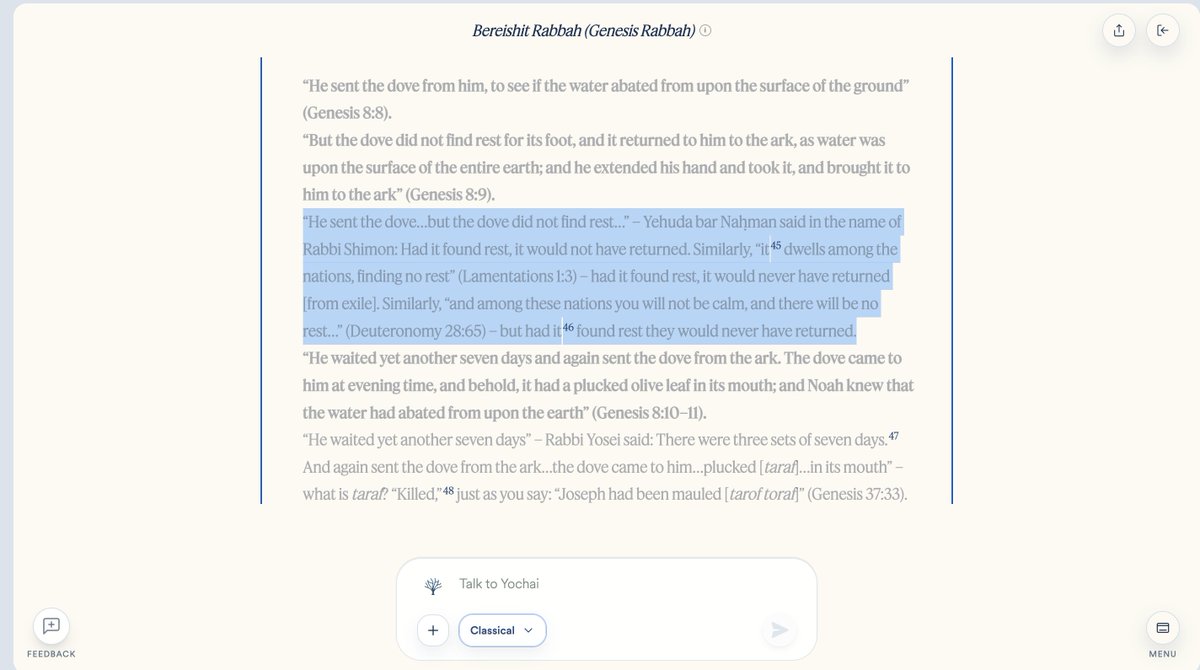 ZoharAtkins's tweet photo. "The dove did not find rest."

Stunning Midrash likening Diaspora Jews to the dove Noah releases from his ark in search of dry land.

The time of Exile, which Deuteronomy and Lamentations cast as a punishment is repurposed simply as historical time, the time of waiting for return.