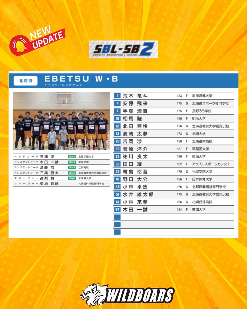 EWildboars's tweet photo. いよいよ始まります。  EBETSU WILDBOARSが、SBL-SB2に挑みます

昨年度の全国大会出場を経て、今シーズンもさらなる高みを目指して戦い抜きます

 SBL-SB2 初戦 6月7日（日） 13:30 
試合開始 会場：江別市東野幌体育館 
対戦相手：宮田自動車NORTHBRAVES S

コピーする https://t.co/FToxwV5lp2