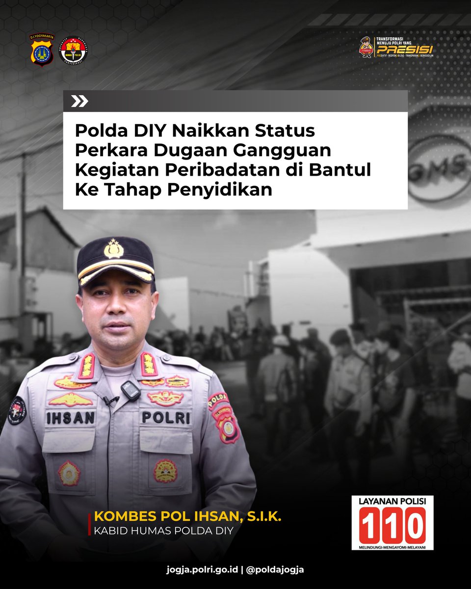PoldaJogja's tweet photo. Polda DIY Naikkan Status Perkara Dugaan Gangguan Kegiatan Peribadatan di Bantul ke Tahap Penyidikan.

Langkah ini merupakan komitmen Polda DIY dalam menegakkan hukum secara profesional, objektif, dan berkeadilan serta menjamin hak setiap warga negara untuk menjalankan ... https://t.co/opt9WmVRsq