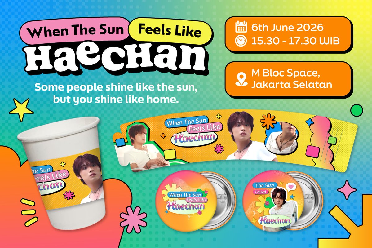 haetjill's tweet photo. When The Sun Feels Like Haechan

Sunshine tastes sweeter when you’re around 🍯 

ꫂ❁ M Bloc, Jakarta Selatan
ꫂ❁ June 6th 2026
ꫂ❁ 15.30 — 17.30
ꫂ❁ Free!

RSVP : https://t.co/cvBfTXMW84 (2 Juni 2026, 20.00 WIB)

Come spend the warmest June with us!

#TheSunCalledHaechan https://t.co/hS2JPTrTa5
