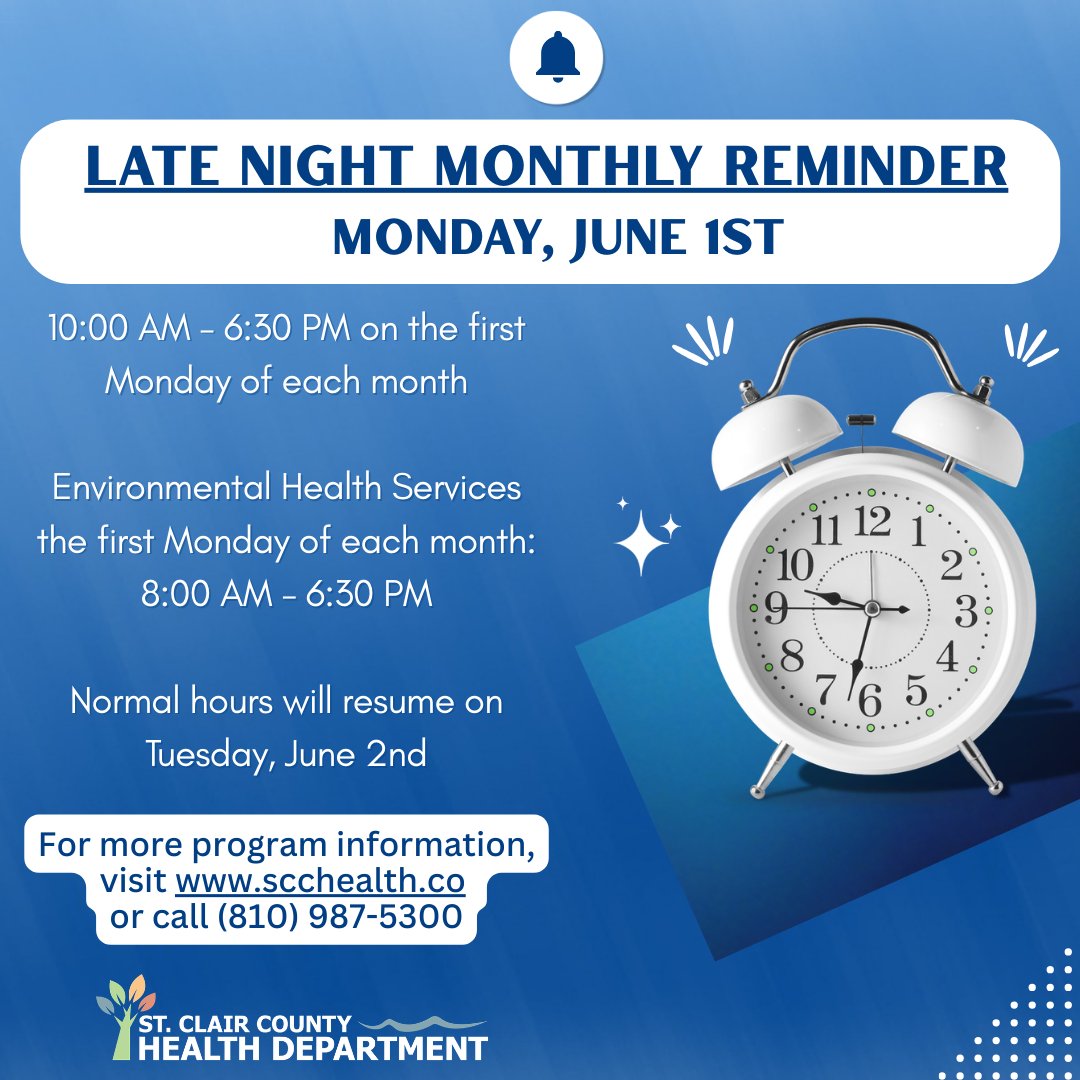 scchdmi's tweet photo. The St. Clair County Health Department is open the first Monday of the month from 10:00 AM - 6:30 PM. 

Environmental Health Services are provided from 8:00 AM - 6:30 PM. 

For more program information, visit https://t.co/bmUyO21ld1 or call (810) 987-5300. https://t.co/vX243tAHLT