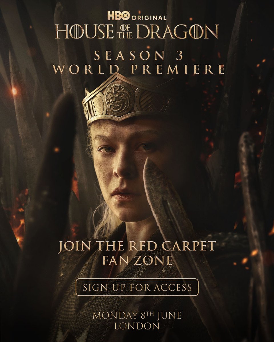 HBOMaxUK's tweet photo. We’re opening an official ballot for fans to watch the Red Carpet arrivals at the World Premiere of House of the Dragon Season 3 in London. Enter now for your chance to attend: https://t.co/xz8ZCHoKC0

Ballot closes Thursday 5pm BST. https://t.co/8suFDagopc