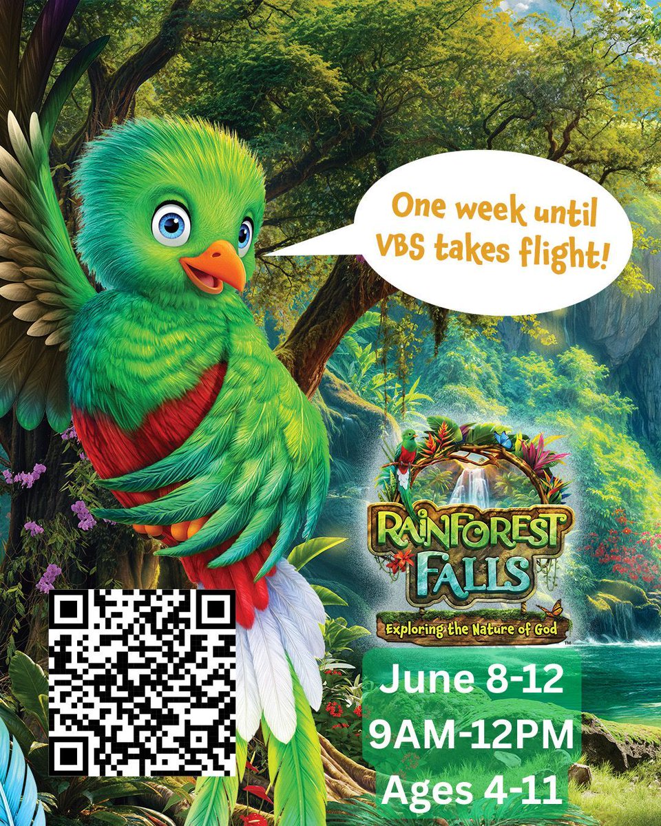 fumccp's tweet photo. The countdown is ON! ⏰ Only one week left until Rainforest Falls VBS takes flight!
Join us June 8–12 from 9AM–12PM for an epic rainforest adventure exploring the nature of God. Open to all kids ages 4–11.
Don't miss out—scan the QR code on the flyer
#VBS #RainforestFalls https://t.co/1xMwgf2xKW