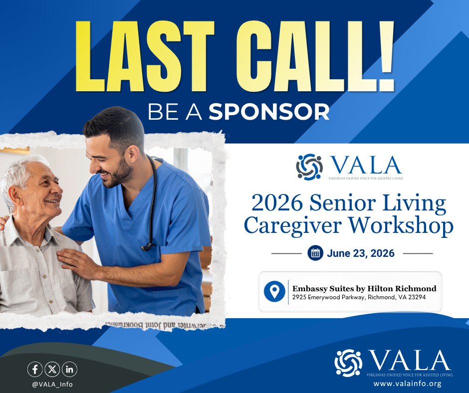 VALA_Info's tweet photo. 🚨 Last Call for Sponsors 

Join the 2026 Senior Living Caregiver Workshop as a sponsor and increase your visibility while growing your network in the senior living space. 

💙 Limited slots remaining. 
📅 Deadline: June 1, 2026 

🔗 Learn more: https://t.co/IXMWSGtrAl 

#VALA https://t.co/I9LkrF7jve