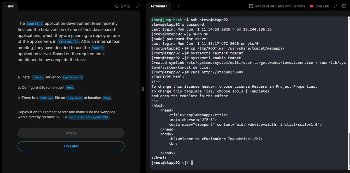 abdisamadjoe's tweet photo. Day 11 of 100 Days of DevOps - KodeKloud!

Task: Install and configure Tomcat, then deploy a Java web app.
→Learned how to deploy a .war file on Tomcat and serve it on a custom port.

#DevOps #100DaysOfDevOps #AbdisamadYusuf @KodeKloudHQ https://t.co/6U4yeQVCZS