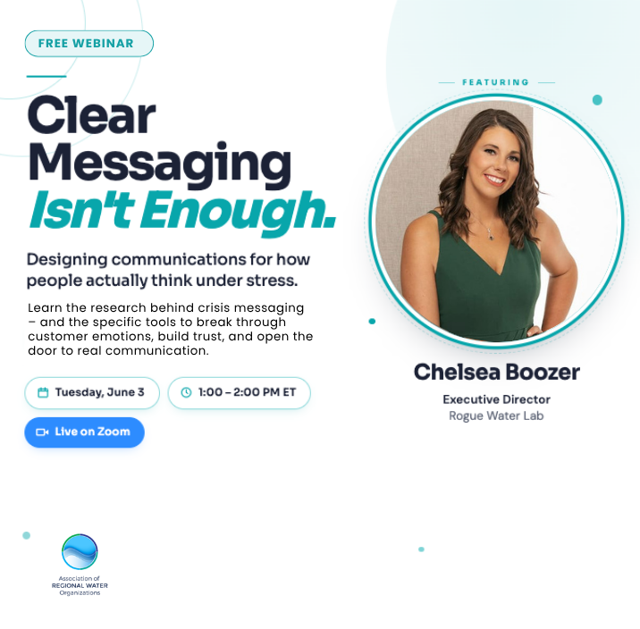 RogueWaterLab's tweet photo. Only 3 days left until the ARWO Liquid Knowledge Webinar. Join Chelsea Boozer on June 3 | 1-2 PM ET for a discussion on how utilities can use crisis communication during stressful situations.

👉 Register here: https://t.co/sbovdCRDKy

#WaterUtilities #CrisisCommunication https://t.co/o2zaeZ1SR0