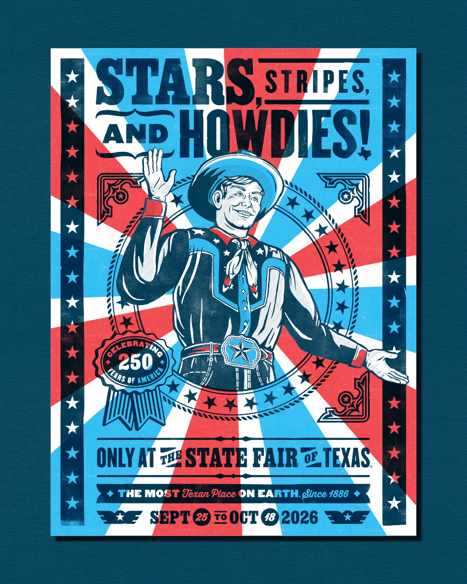 StateFairOfTX's tweet photo. IT'S FINALLY HERE! 🇺🇸🤠 Say howdy to the 2026 Commemorative Theme Art: Stars, Stripes, and Howdies!

What do y’all think? 👀 Click here to learn more about this year's art: https://t.co/n3D08Ic7oU https://t.co/PMHyBc740n
