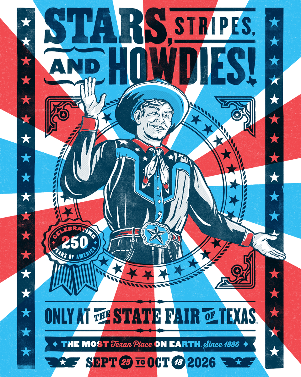 StateFairOfTX's tweet photo. IT'S FINALLY HERE! 🇺🇸🤠 Say howdy to the 2026 Commemorative Theme Art: Stars, Stripes, and Howdies!

What do y’all think? 👀 Click here to learn more about this year's art: https://t.co/n3D08Ic7oU https://t.co/PMHyBc740n