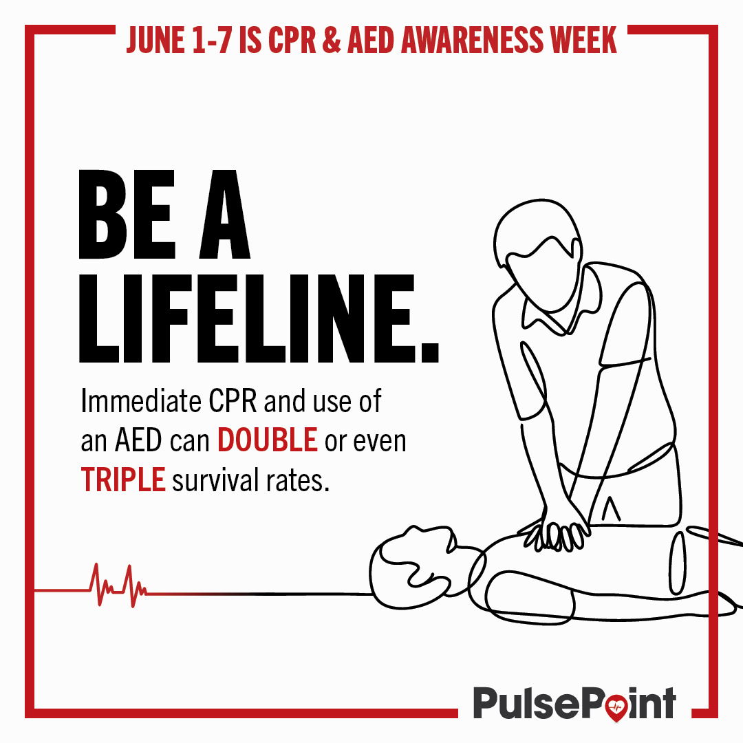 pulsepoint's tweet photo. June 1-7 is CPR &amp; AED Awareness week! This week, learn CPR and how to use an AED. These skills are truly LIFE SAVERS! Then download the free apps, PulsePoint Respond and PulsePoint AED, so you can put your new skills to use! ❤️ https://t.co/TV8Cz6M8SM