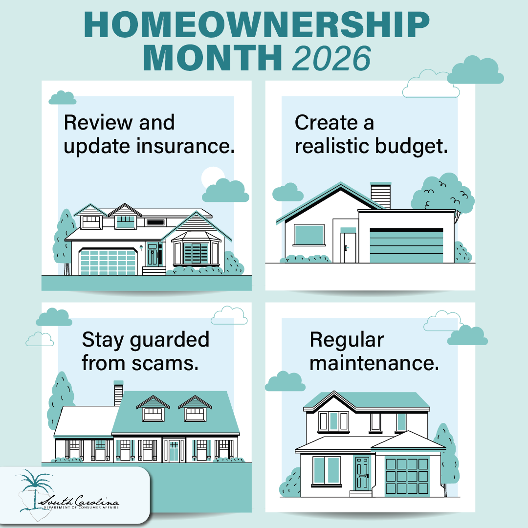 SCDCA's tweet photo. June is National Homeownership Month! 🏡Update insurance to your home's value, fix your budget, watch for scams, and do regular maintenance. #HomeownershipMonth #SCDCA #homeowner #home #mortgage #homemaintenance #consumertips https://t.co/nRUJt3XNtn