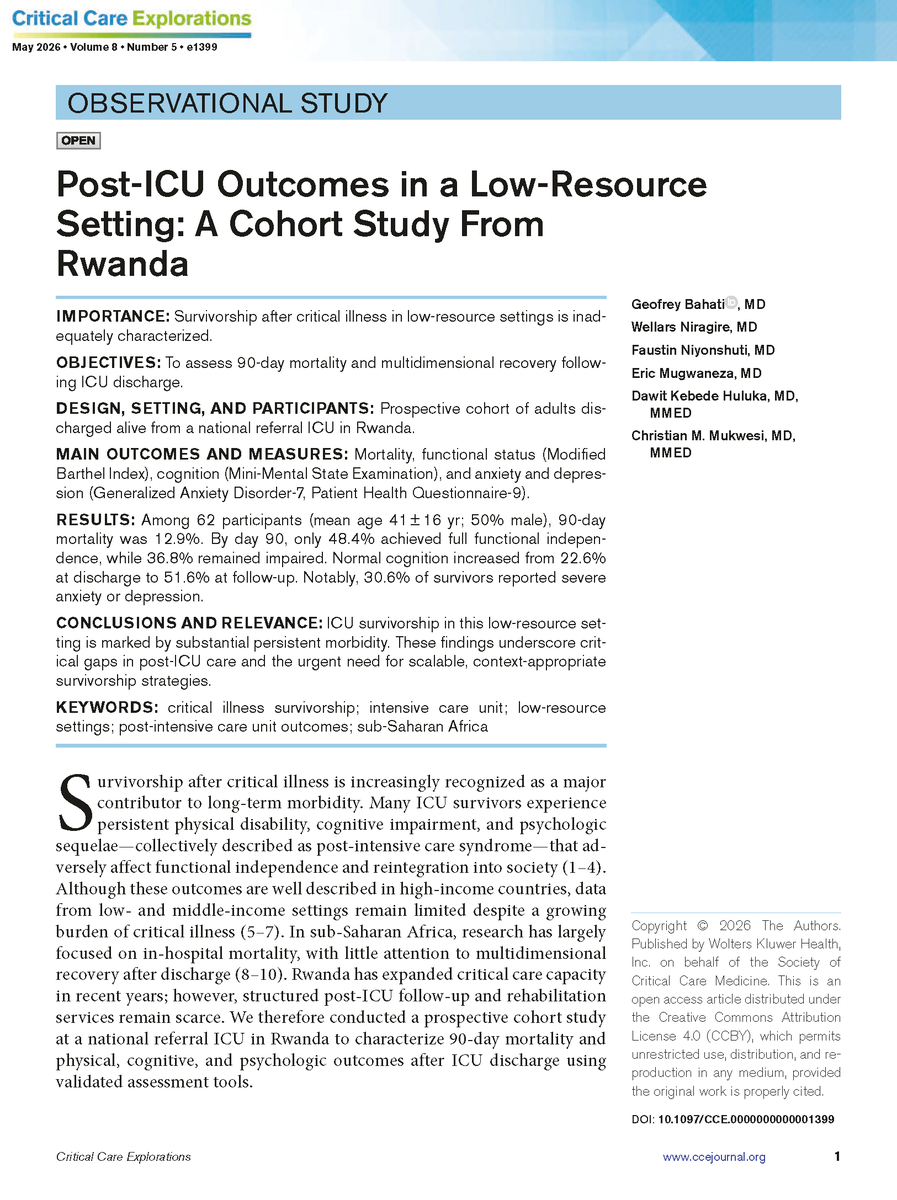 CritCareExplore's tweet photo. 🏥 Post-ICU morbidity is common in low-resource settings and highlights the need for feasible follow-up and rehabilitation strategies.

➡️ Read the complete #openaccess article from Critical Care Explorations: https://t.co/Cs9xEPIwD1

#CritCareExplore #SCCM @SCCM https://t.co/giJseiXzvL