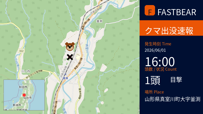fastbearbot's tweet photo. 【🐻熊出没情報】

🚨速報🚨 本日、クマ1頭の目撃がありました！🐻

種類はツキノワグマとみられ、性別は不明です。
📅 日時: 2026-06-01 16:00頃 (JST)
📍 場所: 山形県真室川町大字釜渕

詳細情報:
エリア: 市街地以外 / 環境: 道路 / サイズ: 成獣

**【重要】周辺にお住まいの方、通行される方は、最大限の注意を払ってください！🚨**

#ツキノワグマ #クマ出没 #山形県 #真室川町 #注意喚起 #緊急速報

詳細な地図はこちら👇
https://t.co/QQMgaJ8utQ

---
⚠️ URGENT: BEAR SIGHTING 🐻 An adult black bear (Tsukinowaguma) was spotted near the roadside outside the town center in Kamabuchi, Mamurogawa Town, Yamagata Prefecture around 4:00 PM JST on June 1, 2026. Please exercise extreme caution in the area.
---
⚠️ 紧急警报：熊出没注意 山形县真室川町大字釜渕地区于2026年6月1日16:00左右发现一只成年熊。请注意安全，避免前往该区域。
---
⚠️ 긴급: 곰 출몰 정보

2026년 6월 1일 오후 4시경, 야마가타현 마무로가와마치 오아자 카마부치 지역(시가지 외, 도로변)에서 성체 곰(성별 미상) 1마리가 목격되었습니다. 주민 및 방문객 여러분께서는 각별한 주의를 부탁드립니다.

#BearSighting #JapanWildlife #Yamagata #WildlifeAlert #TravelJapan
