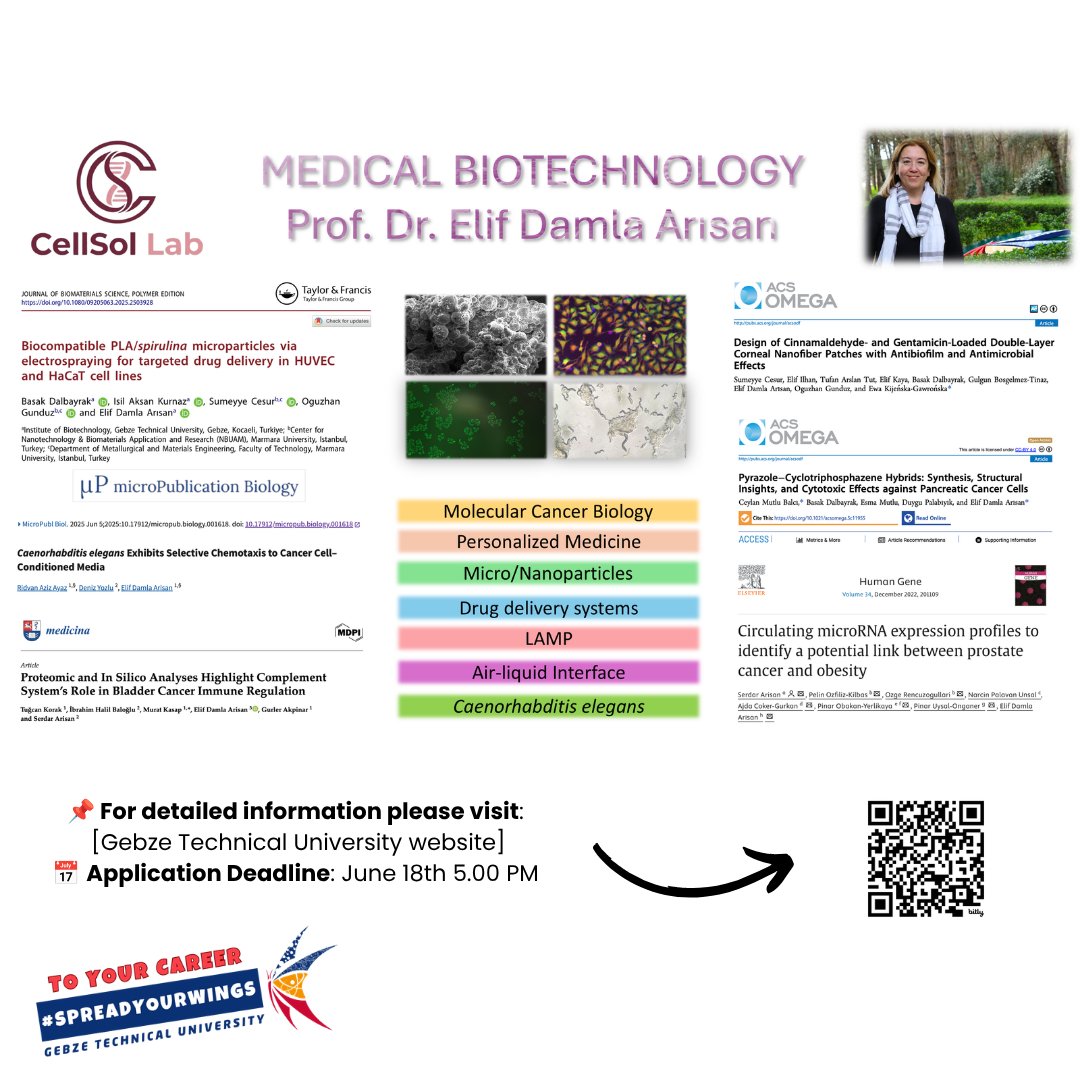 GtuBiotech's tweet photo. 🧬 Araştırma gruplarımızla tanışın:
CellSol Lab, Prof. Dr. Elif Damla Arısan

2026–2027 Güz Dönemi Lisansüstü Başvuruları devam ediyor. Biyoteknoloji alanındaki çalışmalarımızda aramıza katılmak isteyen adaylar linkten başvuru ekranına ulaşabilirsiniz: https://t.co/qCE0otoM0m