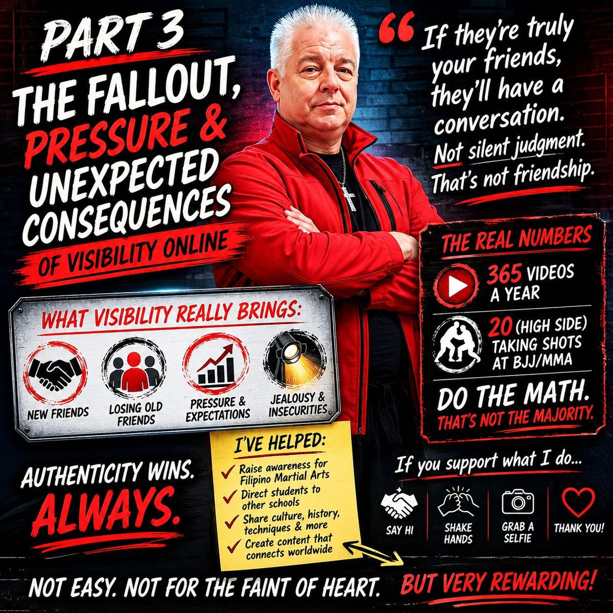 DatuTimHartman's tweet photo. Part 3 — The Fallout of Social Media

One thing people don’t talk enough about when it comes to social media is the fallout that comes with visibility.

Everybody wants success… until they see what sometimes comes with it.

People ask me all the time if I’m worried about losing friends because of the content I put out.

Honestly? No.

Because real friends have conversations.

They don’t silently judge you over a 30-second clip taken out of context. They don’t gossip behind your back or suddenly distance themselves without ever picking up the phone.

If someone truly has an issue with you, they talk to you.

That’s what real friends do.

But social media teaches you something very quickly:

Some people will applaud your success.

Some people will try to attach themselves to it.

And some people will absolutely become uncomfortable watching you succeed while they aren’t.

That’s reality.

The truth is, people build entire opinions about creators based on one controversial post while ignoring the other 95% of the content being produced.

I put out roughly 365 videos a year.

Even if maybe 20 of them poke fun at BJJ or MMA culture, that’s nowhere near the majority of what I do.

Do the math.

Most of my content is authentic martial arts, Filipino culture, training, humor, motivation, self-defense, and helping bring more awareness to Filipino Martial Arts worldwide.

What’s funny is I’ve had people tell me:
“All you do is bash BJJ.”

Then those SAME people will critique a Filipino history video or another piece of content I made.

And my response is simple:

Thank you for proving my point.

Because that means you ARE watching the rest of my content.

See, controversy sticks in people’s minds more than positivity does.

That’s human nature.

And honestly, when your content starts growing and theirs isn’t, some people get jealous, insecure, resentful, or uncomfortable.

Especially if they tried social media themselves and got an anemic response.

Before social media really took off for me, I’d spend hours writing blog posts that maybe got a couple hundred views.

Now I’ve got content reaching thousands, millions, and one walking cane video approaching 8 million views between Facebook and Instagram.

And ironically, those aren’t even the controversial videos.

That’s authentic martial arts connecting with real people.

Now I’ll also fully admit something else:

My communication style is blunt.

That’s how I was raised. I’m Gen X. We grew up in an era where people got to the point directly instead of carefully filtering every sentence through emotion first.

That doesn’t mean I’m trying to hurt people.

It just means I communicate honestly and directly.

And yes, social media will absolutely test relationships.

Some people you thought were in your corner won’t know how to handle your visibility.

Others will quietly root against you.

And some will surprise you by becoming your biggest supporters.

That’s just part of growth.

But at the end of the day, if someone distances themselves from you without ever having a conversation, you really have to ask yourself:

Were they truly your friend to begin with?

Social media can absolutely be rewarding, but it’s not for the faint of heart.

You need thick skin.

You need authenticity.

And most importantly, you need to separate real life from internet noise.

And honestly, if you ever see me somewhere and you follow my content, don’t hesitate to come say hello.

Seriously.

I’d love the opportunity to shake your hand, take a selfie, and personally thank you for supporting what I do.

Because none of this growth happens without all of you.

So that’s how I got my first 500,000 followers.

I’ll do another follow-up when I hit the next milestone.

Stay sane. Stay safe.

— Datu Tim Hartman
Modern Arnis’ Tribal Leader