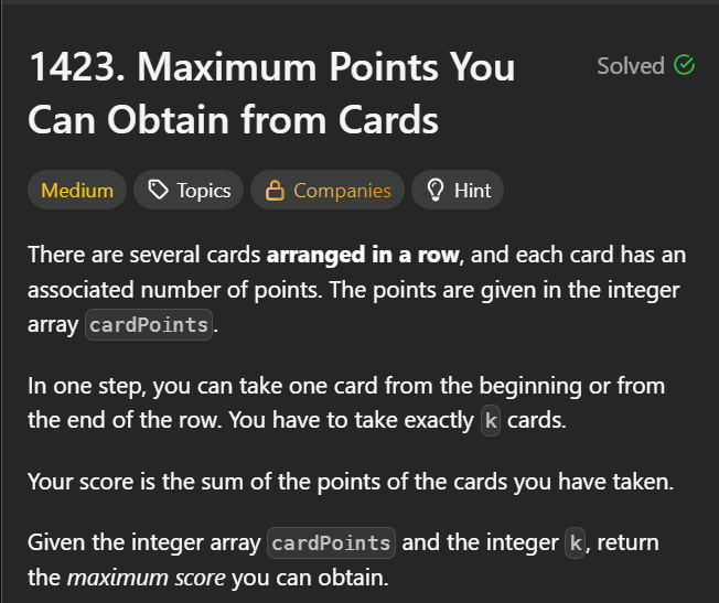 hemanyadav2005's tweet photo. Day 8/100 of #100DaysOfCode

- Problem Solved: 1423 (Maximum points you can obtain from cards), 1358 (Number of Substrings Containing All Three Characters), 1004 (Max Consecutive Ones III)
- Topic Covered: Sliding window and 2 pointers

#Leetcode #DSA #cpp https://t.co/sUhtXrDigh