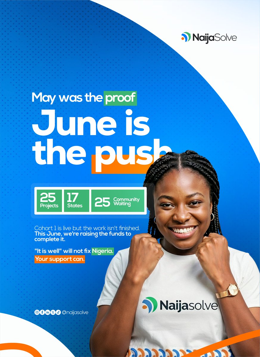 NaijaSolve's tweet photo. May was the proof. June is the push. 💪🏾

25 CSMs. 17 states. Real projects already on the ground — blackboards in Benue, toilets in Borno, boreholes in Ondo.

But 25 communities are still waiting for full funding. 

That changes this June.

Help us finish what we started.

No middlemen. No vague reports. 
Just real work, real people, and change you can see.

"It is well" will not fix Nigeria. Your support can.

📩 hello@naijasolve.org

Share this. Someone on your timeline has the capacity to help. 🇳🇬

#NaijaSolve #JuneIsThePush #NYSCImpactChallenge #FundTheFuture #25Projects #CommunityDevelopment