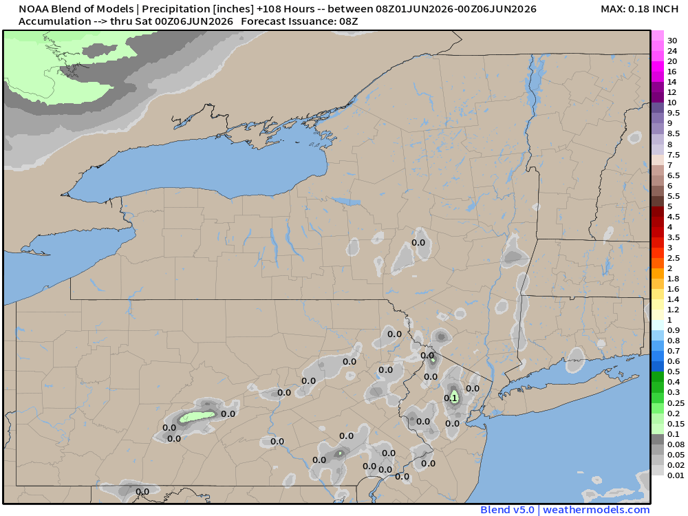 DurkinWeather's tweet photo. Ready for nearly entirely rain free weather this week?

Outside of a spotty shower chance today (mainly east of 81), our weather looks quiet through the end of the week.

Here is NBM projected rainfall by 8pm Friday.

#Buffalo #Rochester #Syracuse #Albany #Binghamton #Watertown https://t.co/1hdOYABHH4