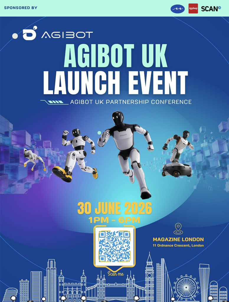 AGIBOTofficial's tweet photo. 🇬🇧 AGIBOT UK Launch | London | 30 June 2026

AGIBOT is officially launching in the UK. 
Join us at Magazine London for the UK's largest humanoid robotics showcase, featuring 30+ robots live on site, including the first Western debut of A3 Lite, our 3rd-generation full-size humanoid robot.

📍 Magazine London
📅 30 June 2026
🎟️ Free registration: https://t.co/nMW2vlAGBe

Experience the latest advances in embodied AI and humanoid robotics alongside industry leaders, partners, developers, and innovators.

#AGIBOT #APCUK #EmbodiedAI #HumanoidRobots #Robotics #AI