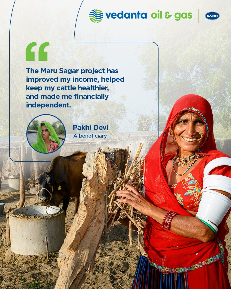 Cairn_Vedanta's tweet photo. In Barmer, Rajasthan, a healthier cow can mean a steadier income, and renewed hope for a better tomorrow.

Through the Maru Sagar project, farmer communities are learning simple ways to improve cattle nutrition, grow Napier grass and connect with milk cooperatives, turning everyday effort into lasting livelihood opportunities.

Last year, the project reached across 60+ villages through efficient fodder practices and resource optimisation, positively impacting 44,000 farming households.

This World Milk Day, we celebrate Barmer’s dairy communities who are building resilient livelihoods and becoming financially independent.

#VedantaOilAndGas #TransformingCommunities #WorldMilkDay