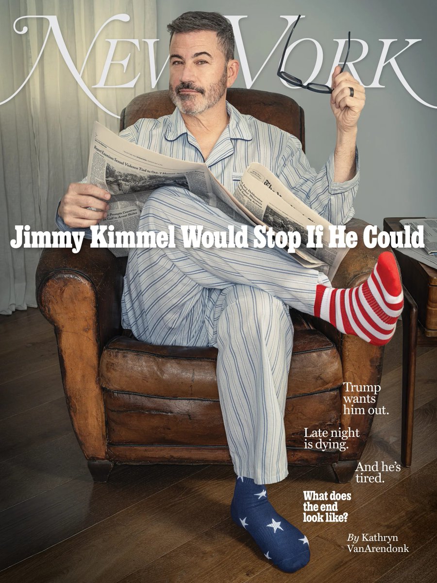 NYMag's tweet photo. “There are a lot of people offering to help me who have no ability to help me,” Jimmy Kimmel says with a laugh. It’s a Monday in April, and the late-night host is sitting behind the desk in his office above the ‘Jimmy Kimmel Live!’ studio in Hollywood, scrolling through his messages. He is dealing with his third major standoff with President Donald Trump in less than a year, and friends keep checking in.

When CBS announced the cancellation of Stephen Colbert’s ‘Late Show’ in July 2025, Trump said that Kimmel was “next.” Two months later, ABC suspended ‘JKL!’ after Kimmel remarked on Trump’s reaction to Charlie Kirk’s assassination in a monologue; the network brought the show back a week after that, prompting Trump to threaten ABC with legal action. Now, the source of Trump’s rage is a joke from a mock White House Correspondents’ Dinner roast Kimmel performed, which included a line describing Melania as having “a glow like an expectant widow.” A few days later, Trump posted a statement to social media demanding Kimmel be fired. 

No one inside the ‘JKL!’ offices seems all that worried.

“Typically, my inclination is to fight back,” Kimmel says. “In that way, Donald Trump and I are not so different.” 

Kimmel and his fellow late-night hosts have spent the past decade adapting to the Trump era, developing different responses to viewers’ hunger for Trump evisceration. But the president wants him out, late night is dying, and Kimmel — the longest-running, highest-profile host of the television genre — is tired. “I feel a little bit defeated by it,” Kimmel told writer Kathryn VanArendonk after he watched the ‘The Late Show’ finale. “In a lot of ways, I feel like I’m looking at my own future.”

So what does the end, and future, look like for Jimmy Kimmel?

In our latest Cover Story, VanArendonk sits down with the late-night host: https://t.co/a5n8diyeoR