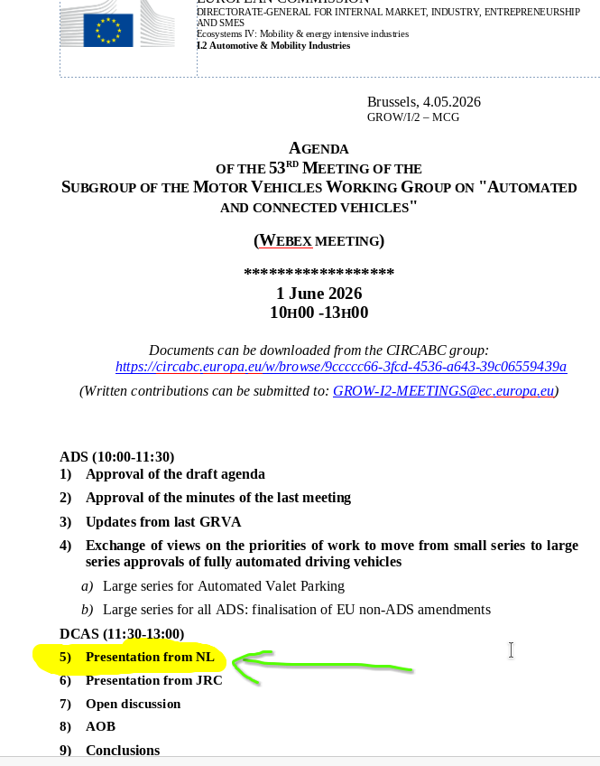 Nicnl's tweet photo. Today at the 53rd MVWG-ACV EU meeting on 1st of June:
The Netherlands is presenting something on DCAS (driver assistance systems).
We don't know if this is linked to Tesla FSD or not, but it seems likely.
Many associations will attend, including the ETSC.

https://t.co/ax7NRjNGFd https://t.co/WZ2cfyrIGK