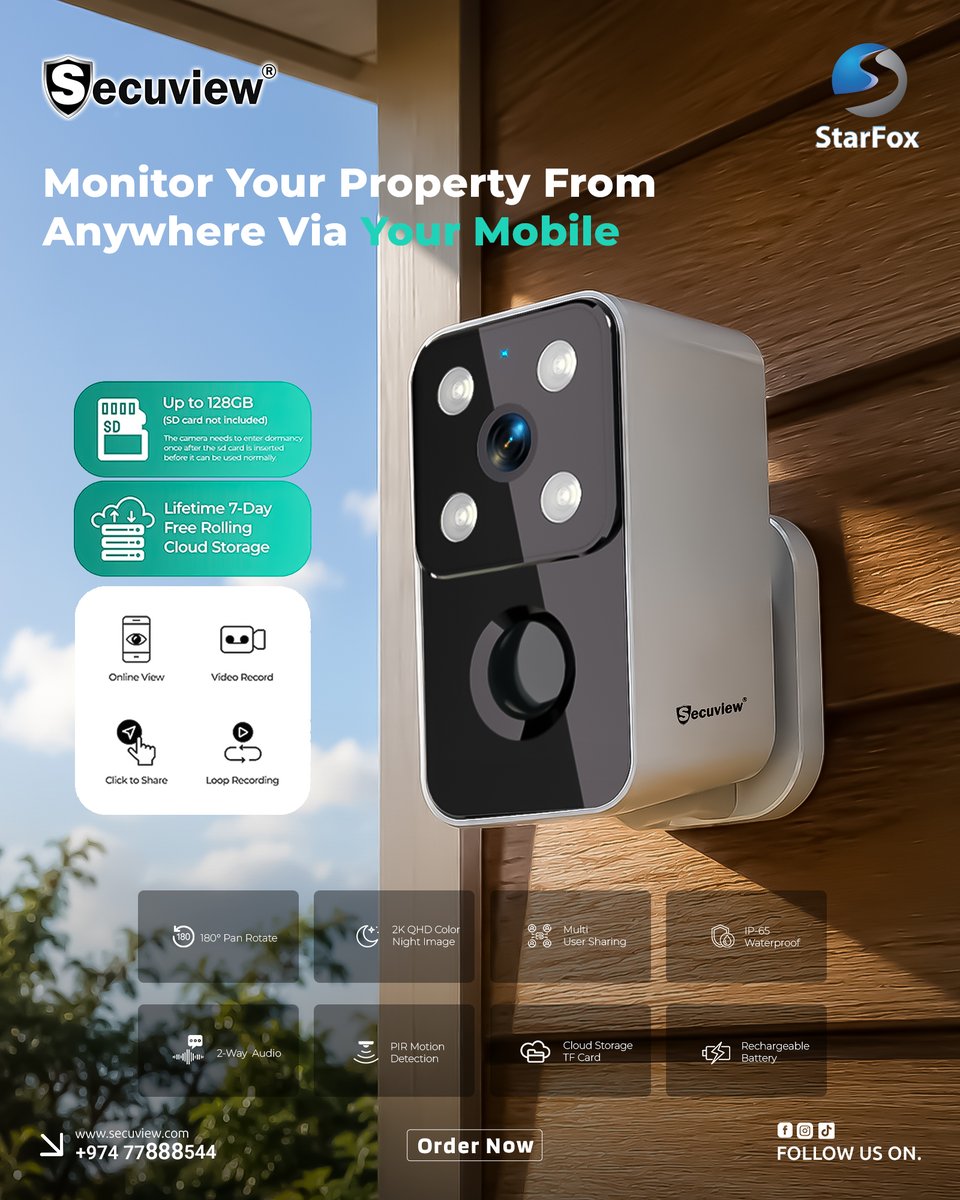 secuviews's tweet photo. Secuview Wireless Outdoor Battery Camera 📷

No wires. No hassle. Just smart outdoor protection.

✅ Wireless Installation
✅ Rechargeable Battery Powered
✅ Weatherproof Outdoor Design
✅ Day &amp; Night Monitoring
👉 https://t.co/NZ556dF0Zw
#Secuview #WirelessCamera #BatteryCamera https://t.co/4vfKEXCAc0