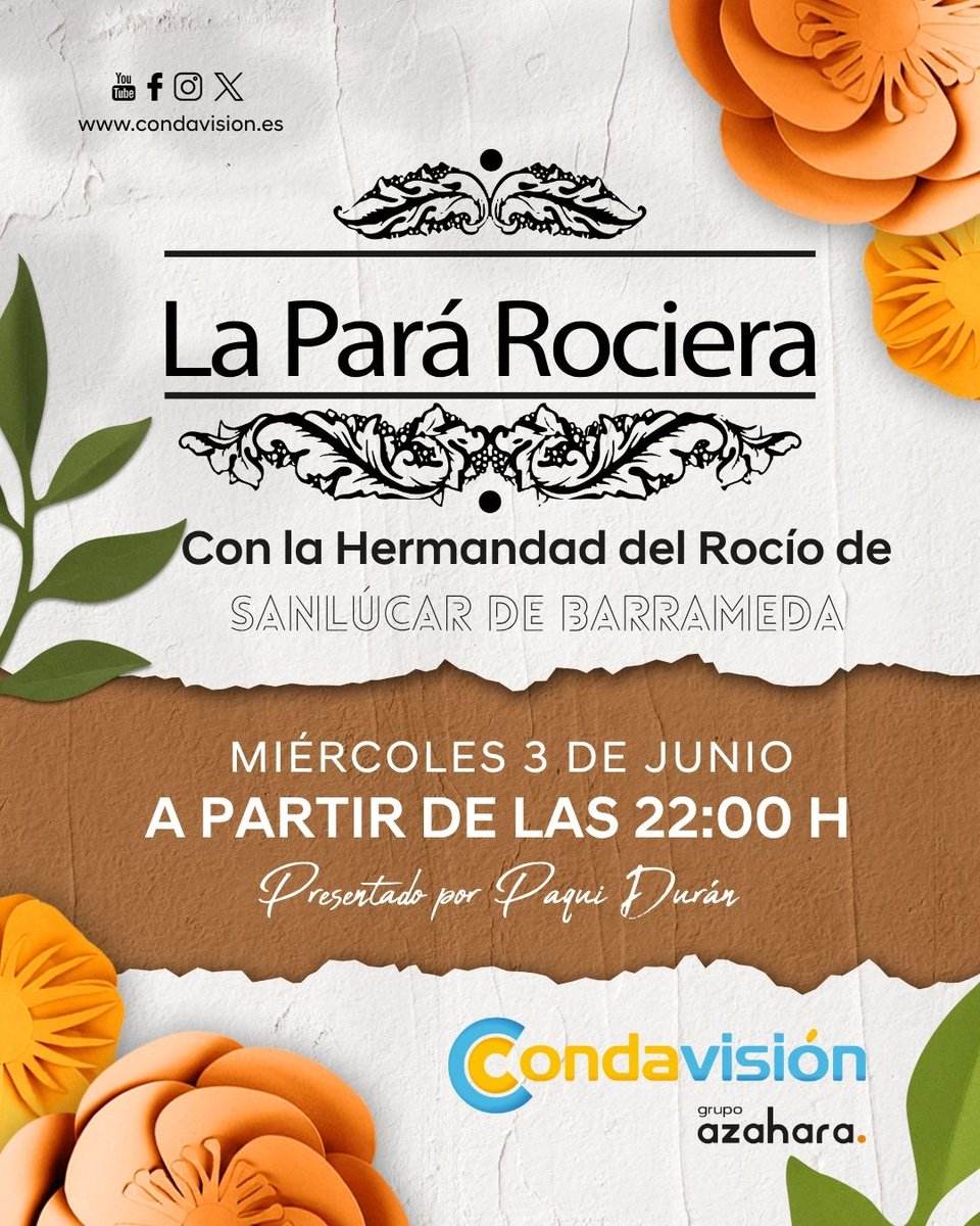 Condavision's tweet photo. 🙏 | Esta noche tienes cita pendiente con nosotros a las 22.00 horas en la #LaParáRociera

El espacio presentado por nuestra compañera Paqui Durán en el que daremos protagonismo a la Hermandad del Rocío de Sanlúcar de Barrameda✨️ https://t.co/pkJnAV5keO