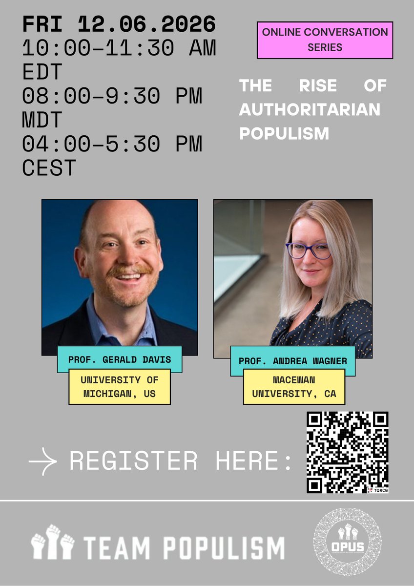OPUSinitiative's tweet photo. Our next event is in 2 days!
🎙️Join us for our Online Conversation on “the Rise of Authoritarian Populism” with Prof. Gerald Davis from University of Michigan, and Prof. Andrea Wagner from MacEwan University!
Registration: https://t.co/KrbESiq1Ae
📅June 12 | 🕛 16.00 - 17.30 CEST https://t.co/uZTFa4j7JO