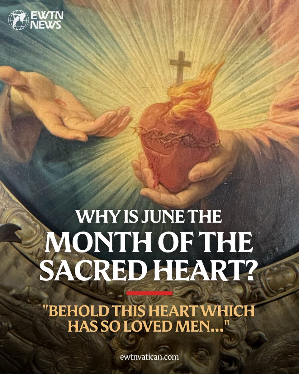 EWTNVatican's tweet photo. June is dedicated to the Sacred Heart of Jesus—a devotion that reminds us of the immeasurable love Christ has for every human soul.

The origins of this devotion can be traced to the visions received by St. Margaret Mary Alacoque between 1673 and 1675. During these apparitions, Our Lord revealed His Sacred Heart, burning with love, crowned with thorns, and wounded by humanity's indifference. He invited the faithful to respond to that love through prayer, reparation, and trust in His mercy.

In one of these revelations, Jesus asked that the Friday after the Octave of Corpus Christi be dedicated to honoring His Sacred Heart. What began as a private revelation eventually spread throughout France before being extended to the entire Church by Pope Pius IX in 1856.

Today, the Solemnity of the Sacred Heart remains one of the most beloved feasts of the liturgical year, reminding us that the Heart of Jesus is a refuge for sinners, a source of mercy, and a sign of God's enduring love for humanity.

As we begin this month dedicated to His Sacred Heart, let us entrust our families, our intentions, and our hearts to Christ, who never ceases to love us.

❤️ Most Sacred Heart of Jesus, have mercy on us.