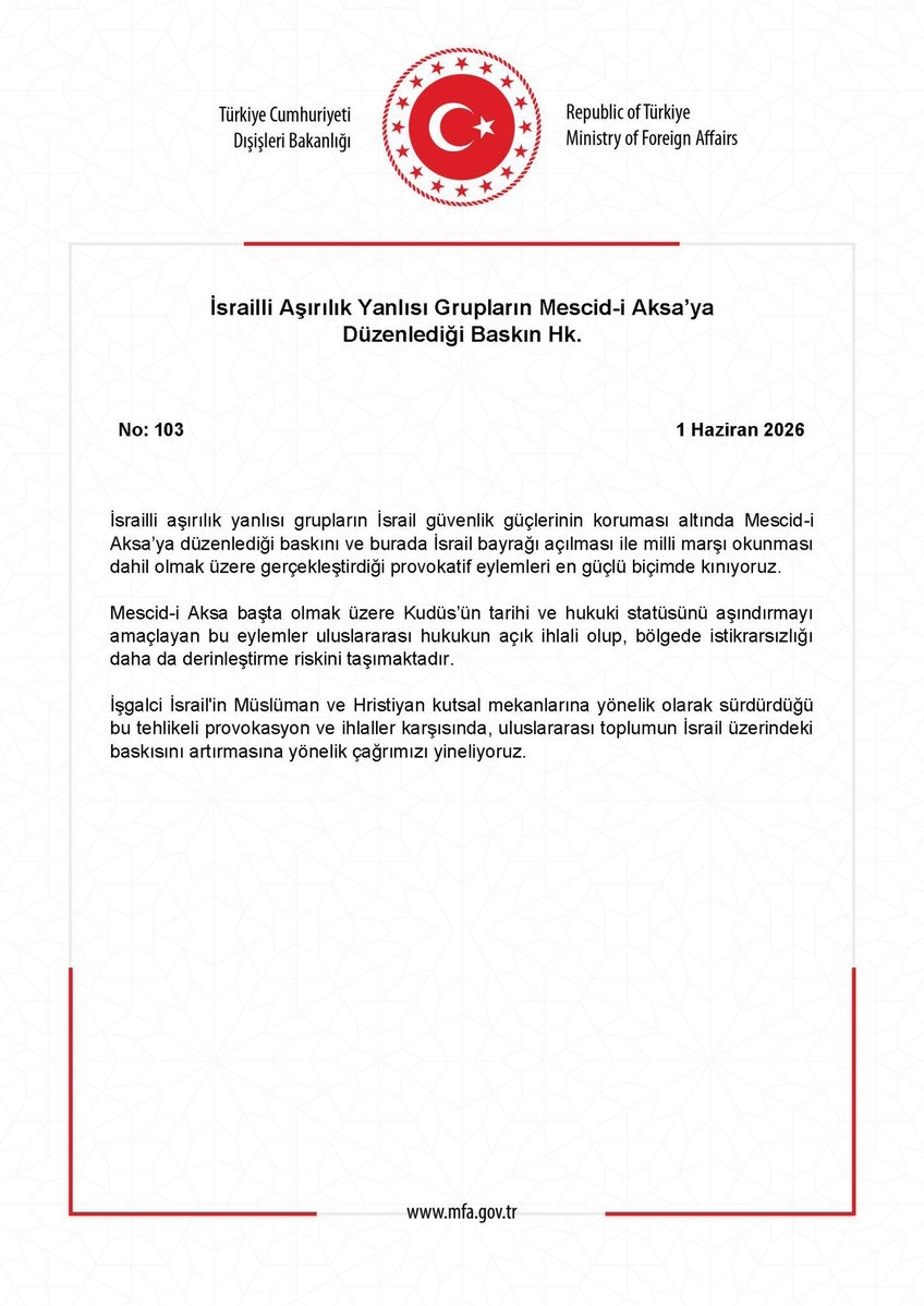 TrknGc03's tweet photo. Dışişleri Bakanlığı:

İsrailli aşırılık yanlısı grupların İsrail güvenlik güçlerinin koruması altında Mescid-i Aksa’ya düzenlediği baskını ve burada İsrail bayrağı açılması ile milli marşı okunması dahil olmak üzere gerçekleştirdiği provokatif eylemleri en güçlü biçimde kınıyoruz https://t.co/YwRE6MTTYd