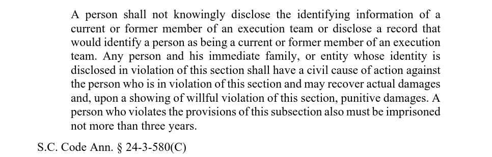 SCDocketUpdates's tweet photo. ACLU SC v Alan Wilson et al. https://t.co/7Ery97sRoB

This is certified question case from the federal district court around what is commonly known as the "shield statute" (S.C. Code Ann. § 24-3-580).
 
I've included the relevant subsections here.

(continued in next tweet) https://t.co/ngmXLsWhld