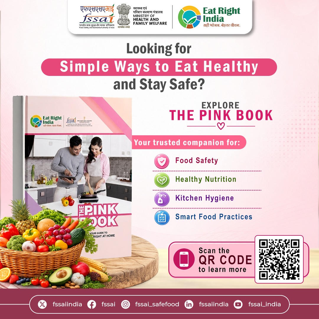 fssaiindia's tweet photo. Looking for simple ways to ensure safe nutrition and health at home? Explore 'The Pink Book' by FSSAI: a comprehensive guide to food safety, kitchen hygiene, healthy nutrition, and smart food practices.
Scan the QR code in the image to learn more. #FSSAIBook #FSSAIResources https://t.co/31UoG1HoI7