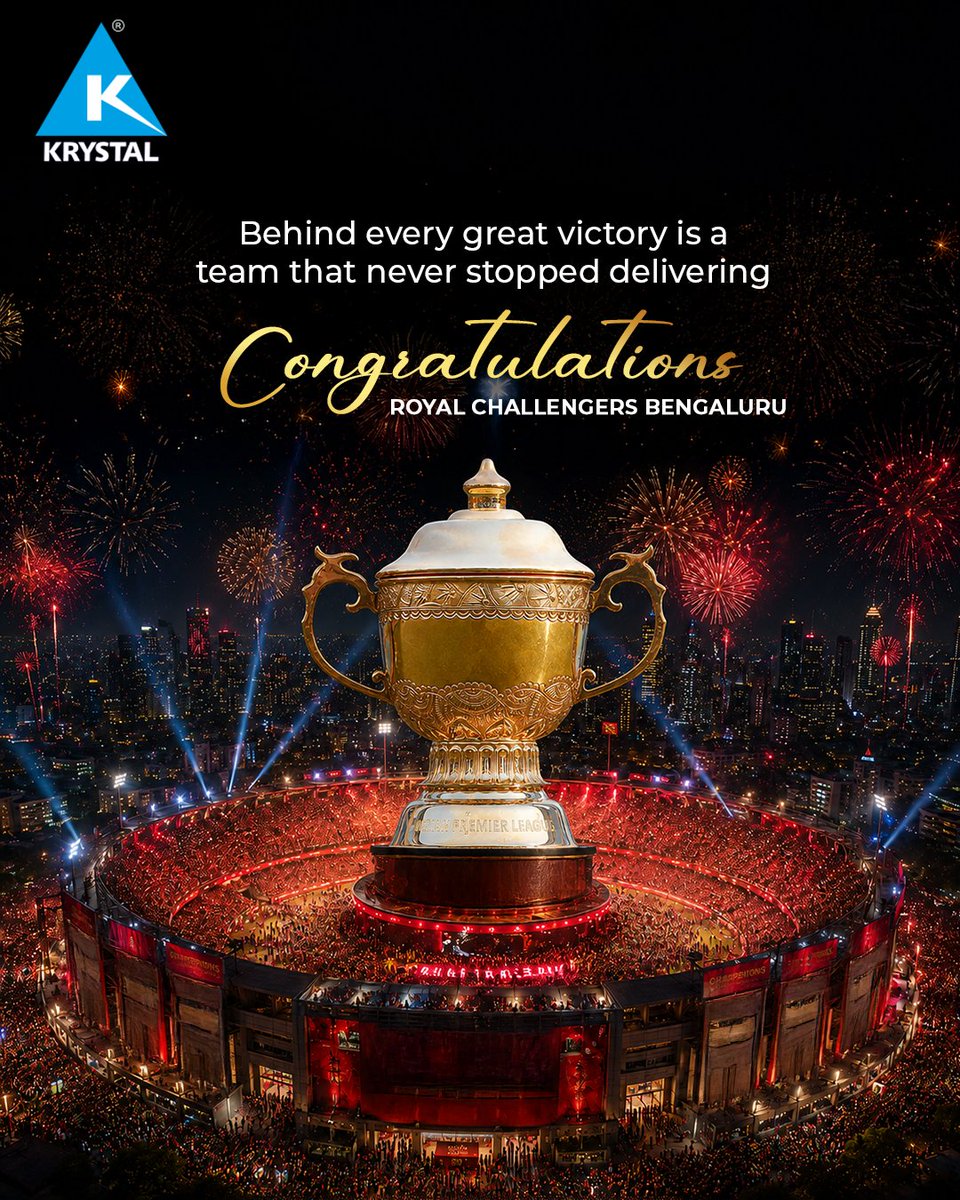 KrystalGroup's tweet photo. Some wins mean a little more because of the journey behind them. Congratulations, Royal Challengers Bengaluru, on bringing the trophy home. From everyone at Krystal, we're celebrating this special win with millions of fans across the country.

#Krystal #KrystalGroup #RCB #Champions #IPL #IPLFinals2026  #Victory
