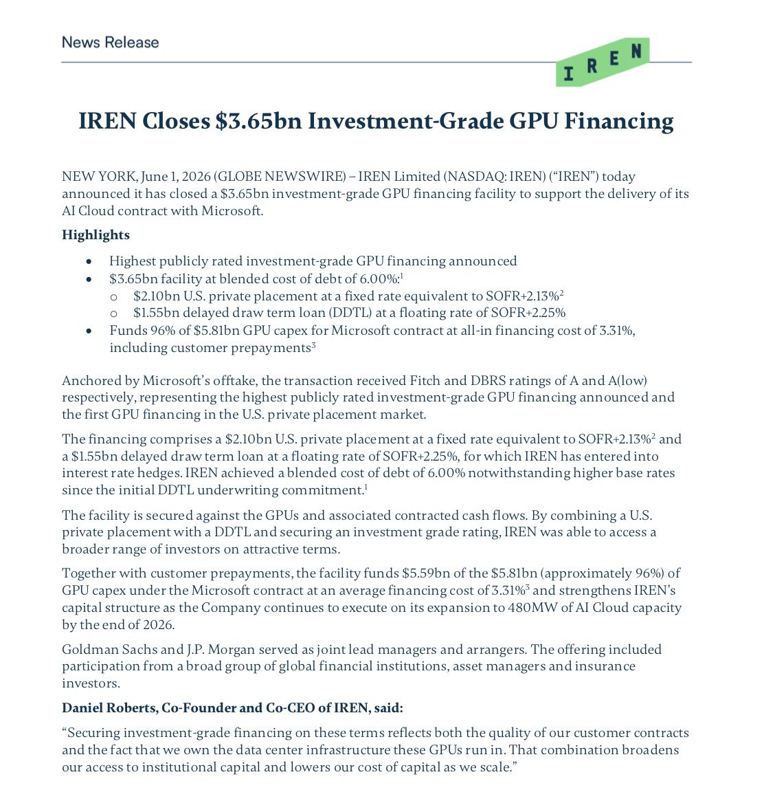 SmallCapSnipa's tweet photo. $IREN Closes $3.65B Investment-Grade GPU Financing

This marks the highest publicly rated investment-grade GPU financing announced

• Blended cost of debt of 6%
• $2.10B U.S. private placement
• $1.55B delayed draw term loan

Goldman Sachs &amp; J.P. Morgan as joint lead managers https://t.co/RPYtraIQbV