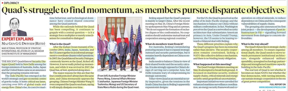 imRavikantYadav's tweet photo. Quad's struggle to find momentum, as members pursue disparate objectives

:An informative article by Maj Gen G G Dwivedi Sir

#Quad #SecurityDialogue #NewDelhi
#China
#IndoPacific
#CriticalSeaLanes #GlobalTrade
#EnergyFlow 
#Fiji

#UPSC

Source: IE https://t.co/KjMaxNIUFh