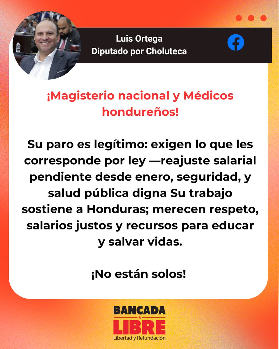 BancadaLibre's tweet photo. El diputado y subjefe de bancada, @luisorte1979, manifestó su apoyo al magisterio nacional y a los médicos hondureños, reconociendo la legitimidad de sus demandas por el reajuste salarial, mejores condiciones laborales, seguridad y recursos necesarios para fortalecer la educación y la salud pública del país.