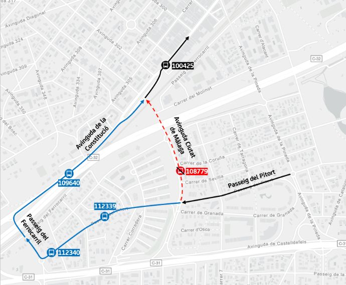 Inciden_Mob_AMB's tweet photo. 01/06 - Castelldefels: L96 - L99 - N16 - N19 Desviament provisional a l'avinguda Ciutat de Màlaga afectant parades a causa de treballs de pintura @avanzaenBCN @AjCastelldefels https://t.co/8sDLY9IV5K https://t.co/CypfInSCQl