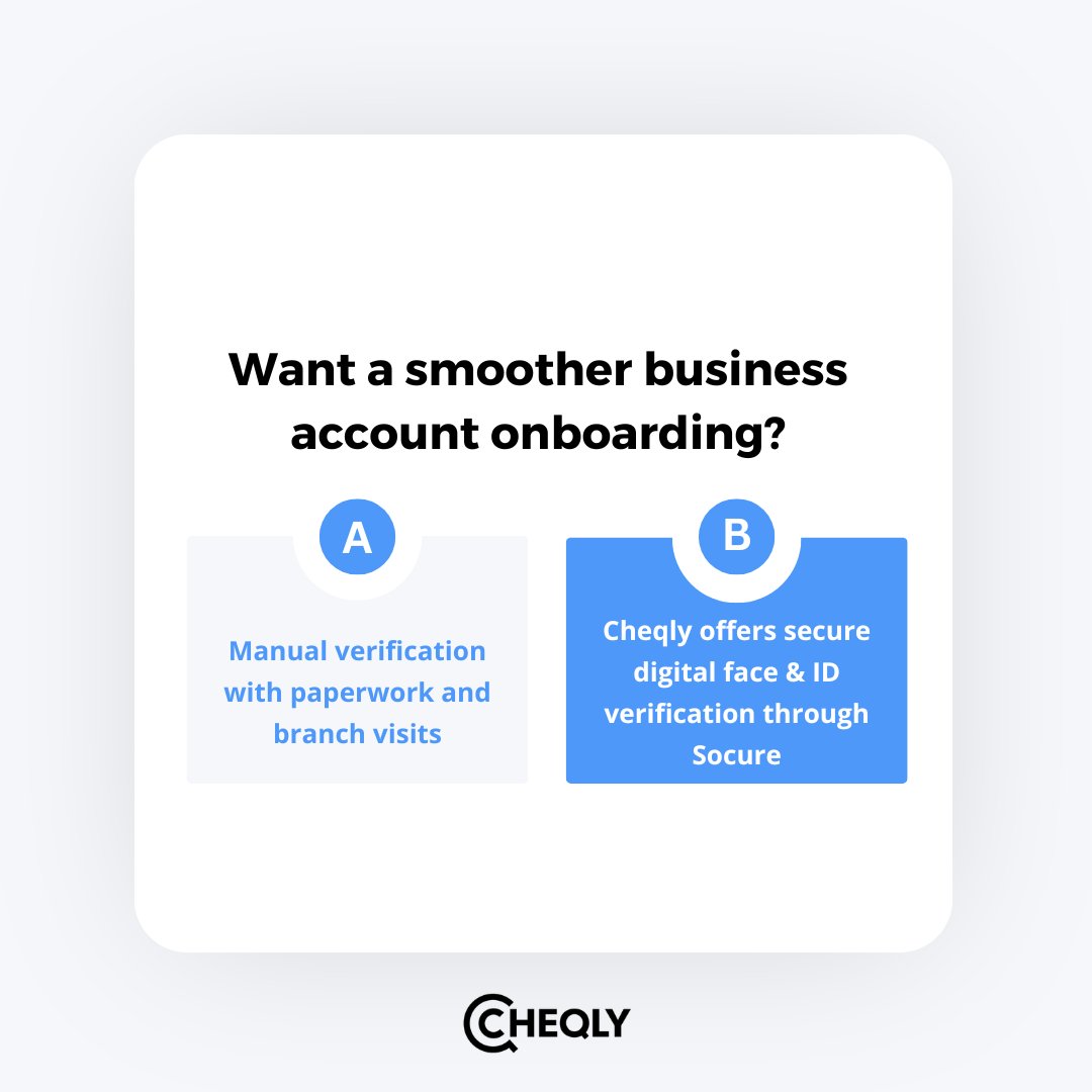 Cheqly_com's tweet photo. 💳 Want a smoother business account onboarding? Which do you prefer?

A: Manual verification with paperwork and branch visits 🏦
B: Cheqly offers secure digital face &amp; ID verification through Socure 🚀

Learn more: https://t.co/1ToyaPyXSi

#Cheqly #BusinessBanking https://t.co/1fkdByrXVM