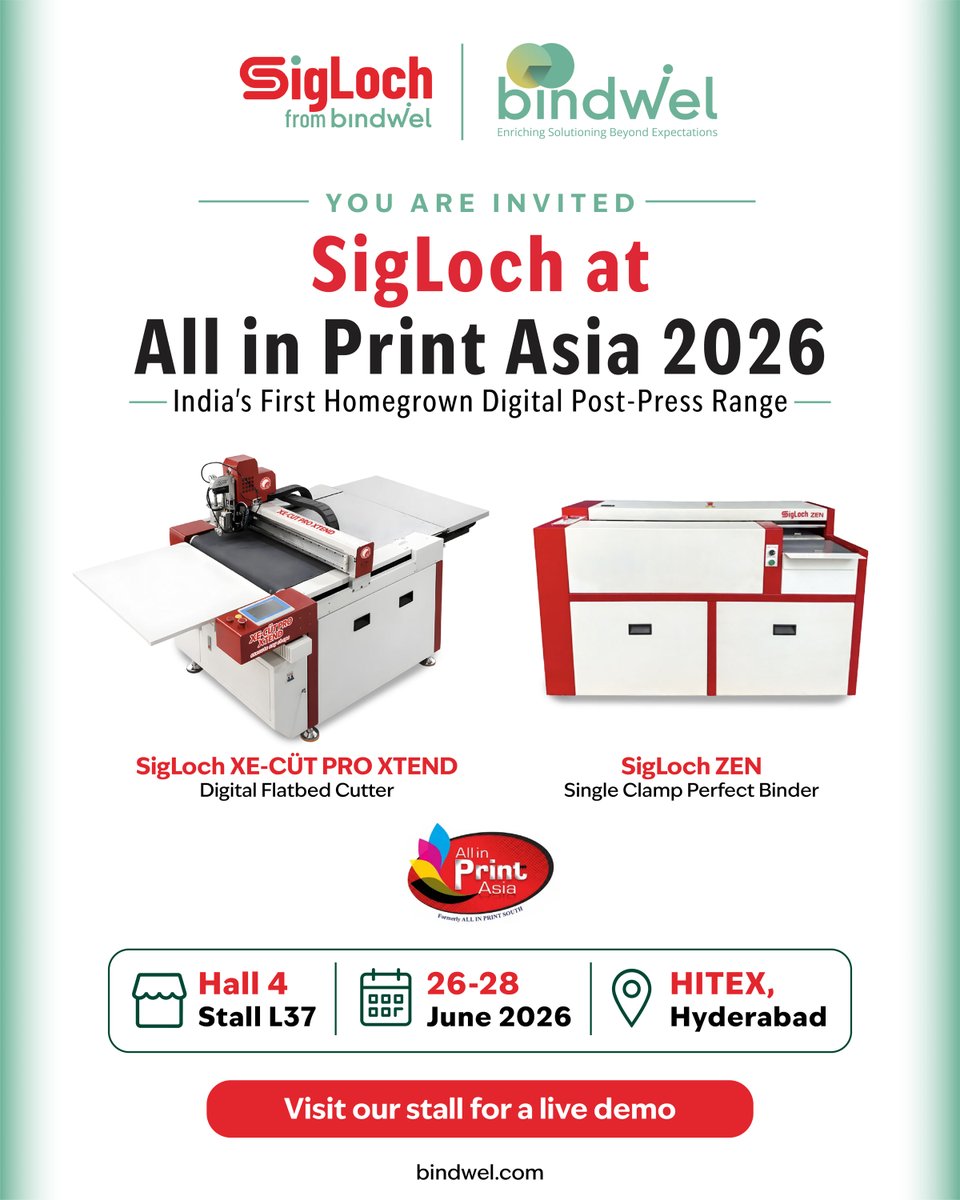 bindwel's tweet photo. Digital print has evolved. Post-press must keep pace

See SigLoch at All In Print Asia 2026:
• SigLoch ZEN
• SigLoch XE-CÜ T PRO XTEND

📅26-28 June 2026
📍HITEX, Hyderabad
📌Hall 4 | Stall L37

#AllInPrintAsia2026 #SigLoch #PrintFinishing #BookBinding #Bindwel #PrintIndustry https://t.co/OINzwTOVrU