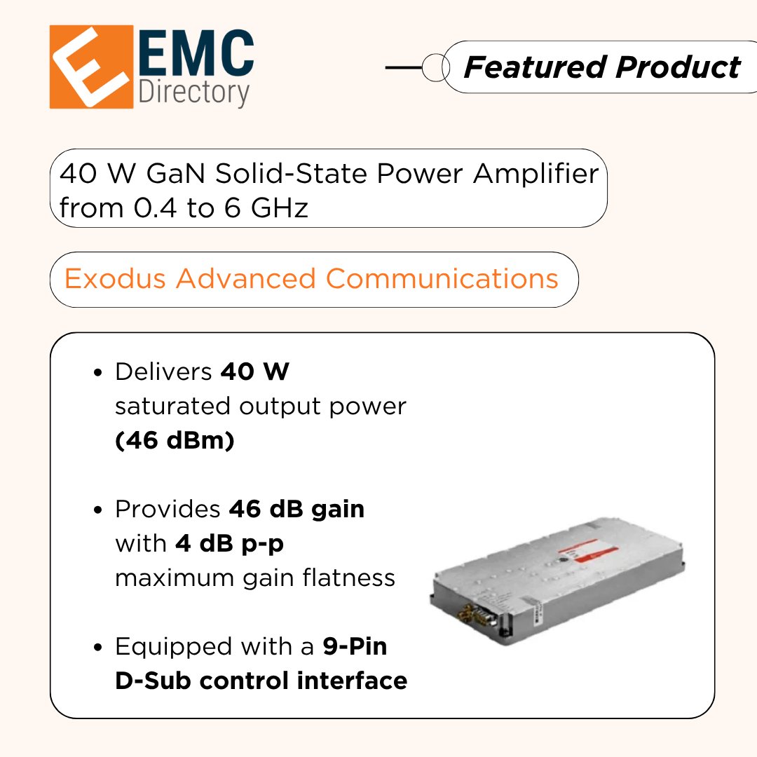 emcdirectory's tweet photo. The AMP-10112 from Exodus Advanced Communications is a 40 W solid-state EMC power amplifier that operates from 0.4 to 6 GHz with 46 dB gain.
Read more: https://t.co/i279Xk7Z6n
#EMC #PowerAmplifier #ImmunityTesting #EMCLab #RFEngineering https://t.co/7u2D1TiCWi