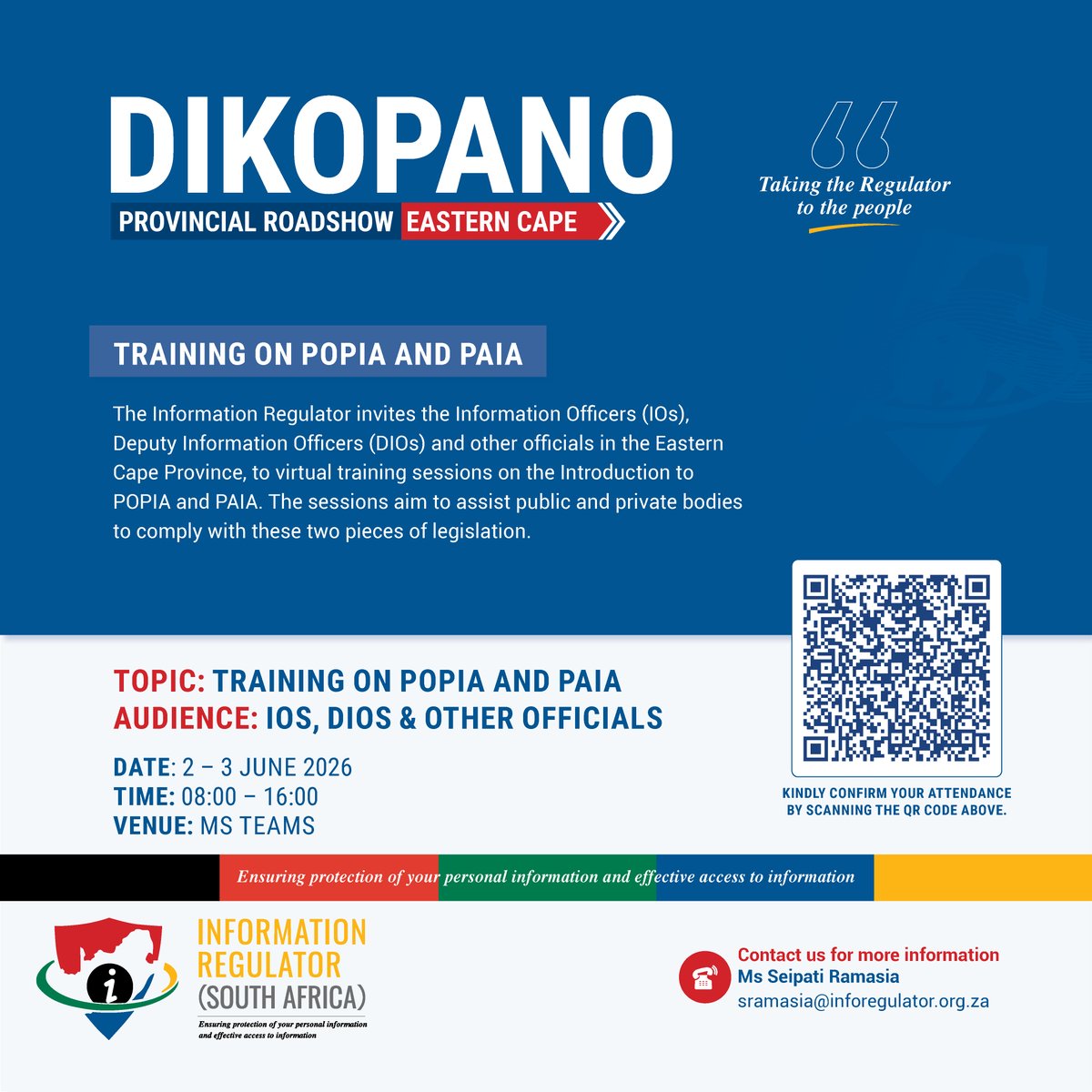 InforegulatorSA's tweet photo. 🔴Happening from tomorrow: Eastern Cape Information Officers, Deputy Information Officers and officials are invited to virtual POPIA and PAIA training sessions aimed at strengthening compliance and promoting information rights.

Register👇
🔗https://t.co/qIJnbDPYXf https://t.co/swoGQyOllV