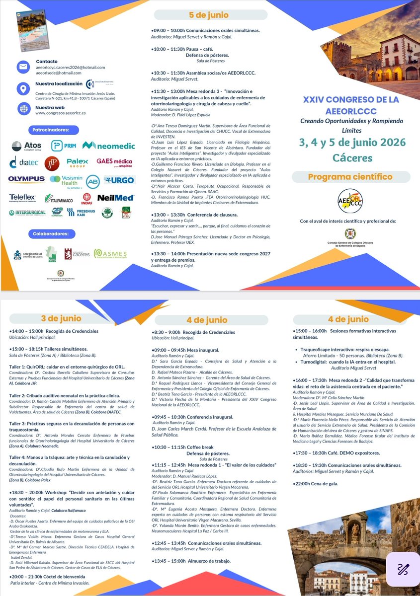 aeeorlcc's tweet photo. ➡️ Cuenta atrás para #AEEORLCCC26
¡Nos vemos en Cáceres!
Conocimiento, innovación, experiencias compartidas, investigación,  talleres prácticos, TraqueoScape, Workshop, tres mesas redondas con expertos, seis mesas de comunicaciones orales simultáneas y mucho más. #EnfermeraORL 👇🏾 https://t.co/FcMuwis7MR