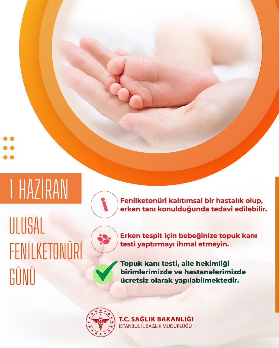 ismgovtr's tweet photo. Fenilketonüri, erken tanı ve tedavi ile kontrol altına alınabilen kalıtsal bir hastalıktır.

Ulusal Yenidoğan Tarama Programı kapsamında doğumdan sonra alınan topuk kanı örneği ile hastalığın erken dönemde tespit edilmesi mümkündür.

✅Topuk kanı taraması; hastanelerimizde ve Aile Sağlığı Merkezlerimizde ücretsiz olarak yapılmaktadır.

#UlusalFenilketonüriGünü