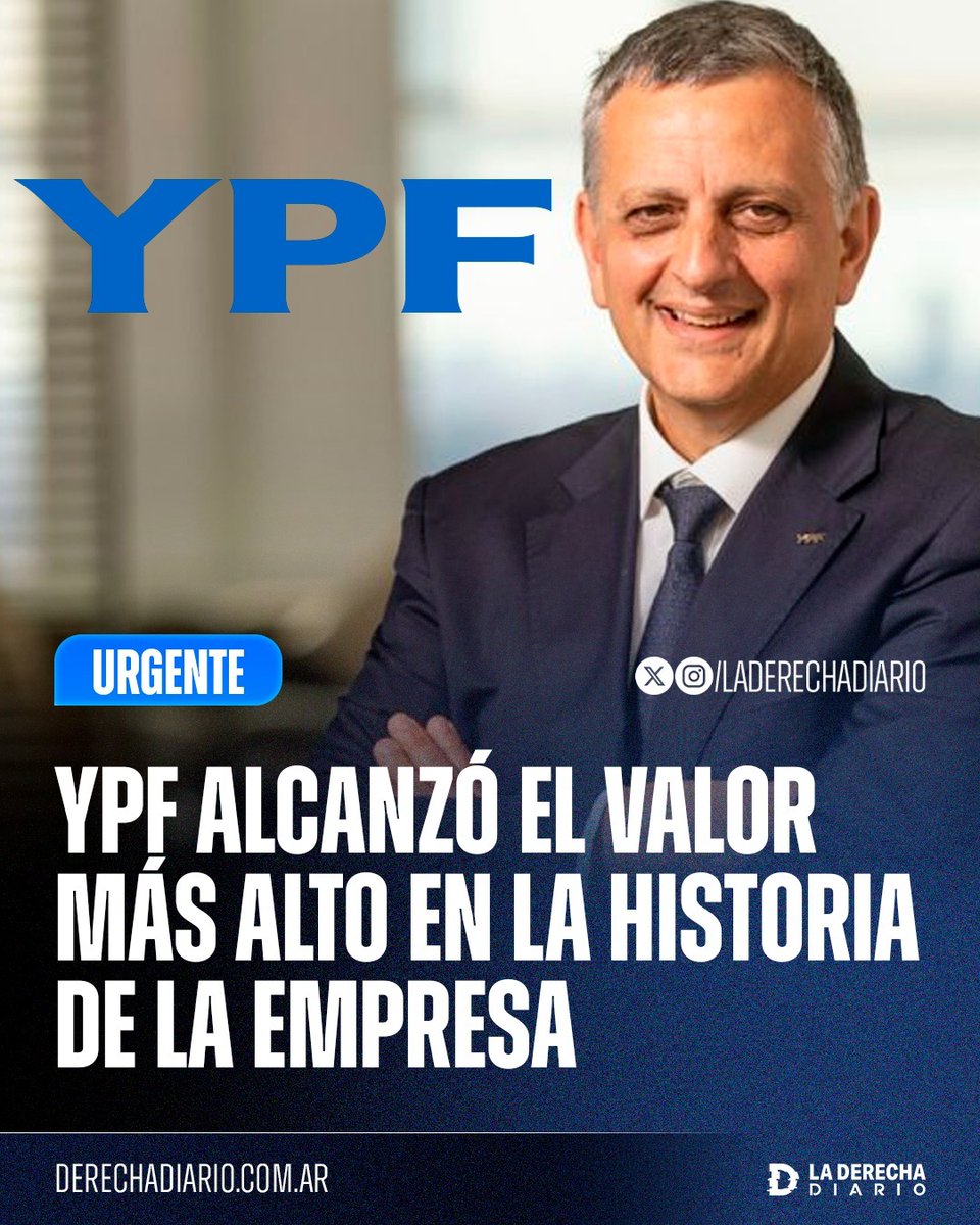 laderechadiario's tweet photo. 🚨🇦🇷 | ARGENTINA SERÁ PRÓSPERA: Gracias al récord de producción de petróleo y a la agenda pro-mercado impulsada por Javier Milei, YPF alcanzó la valuación más alta de su historia al superar los 53 dólares por acción —el mayor nivel nominal en 15 años y un récord histórico ajustado por dividendos—, sobrepasando así la marca obtenida tras la victoria legal del Gobierno en el juicio contra el fondo buitre Burford Capital.
